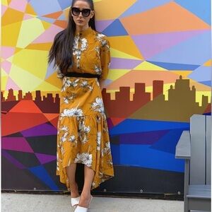 Byrd Asymmetric Dress Women's XL Mustard Yellow Floral Drop Hem Modest